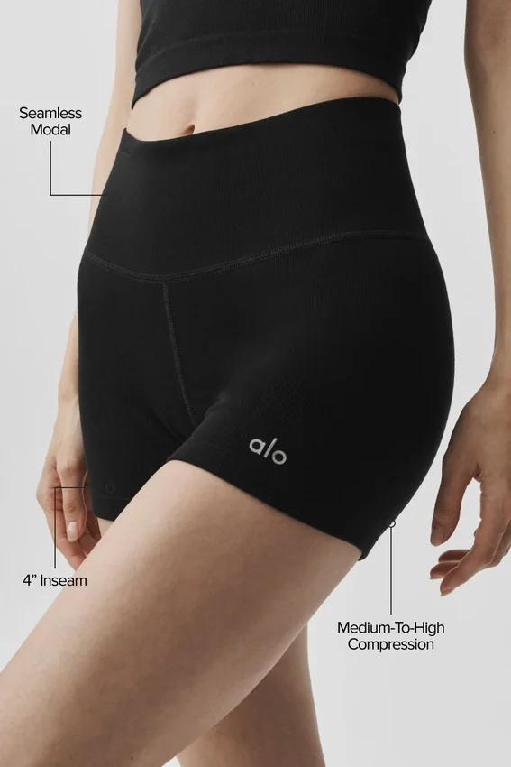4" nahtlose, gerippte Modal-High-Waist-Shorts – Schwarz
