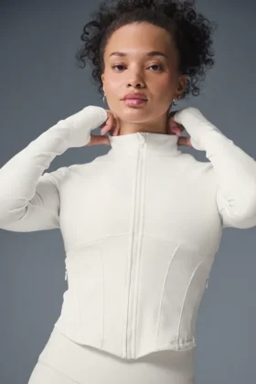 Airbrush-Korsett-Jacke mit durchgehendem Reißverschluss – Elfenbein