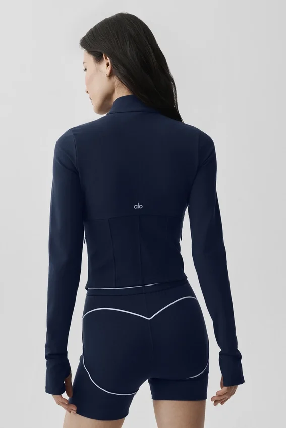 Airbrush-Korsett-Jacke mit durchgehendem Reißverschluss – Marineblau