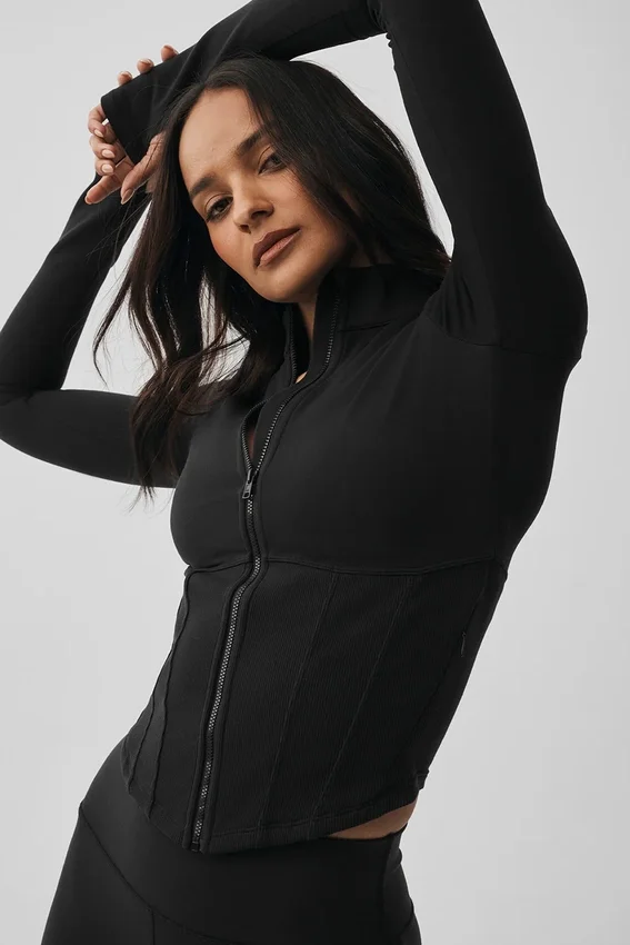 Airbrush-Korsett-Jacke mit durchgehendem Reißverschluss – Schwarz