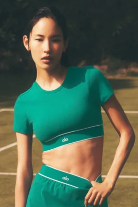 Alo Softsculpt „Amp It up“ Kurzarmshirt-BH – Emerald Isle