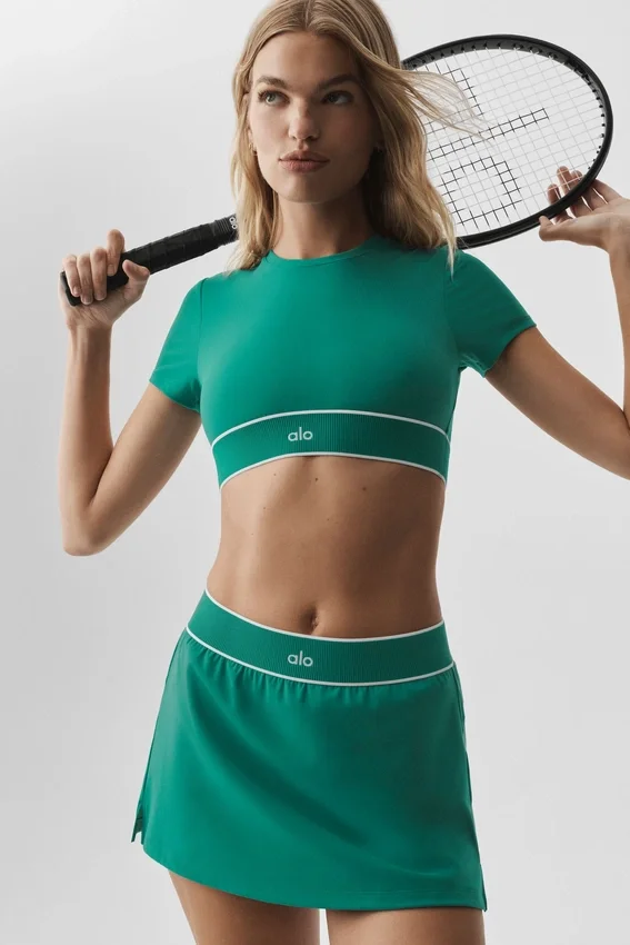 Alo Softsculpt „Amp It up“ Kurzarmshirt-BH – Emerald Isle