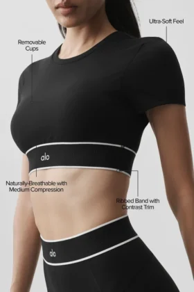 Alo Softsculpt „Amp It Up“ Kurzarmshirt-BH – Schwarz