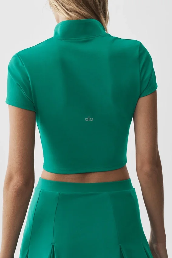 Alo Softsculpt Kurzarmshirt mit durchgehendem Reißverschluss – Emerald Isle