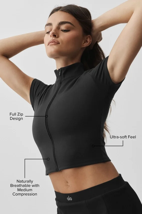 Alo Softsculpt Kurzarmshirt mit durchgehendem Reißverschluss – Schwarz