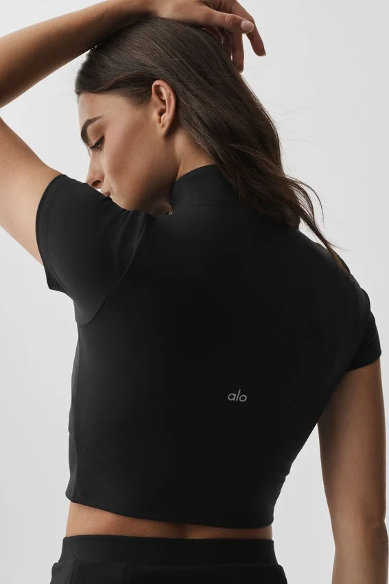 Alo Softsculpt Kurzarmshirt mit durchgehendem Reißverschluss – Schwarz