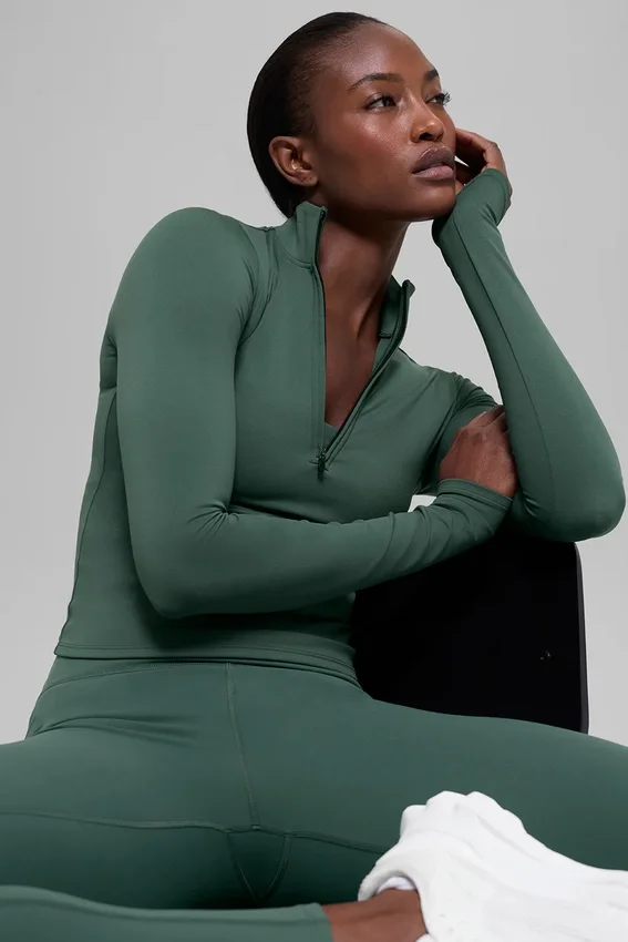 Alo Softsculpt Precision Langarmshirt mit 1/4-Reißverschluss – Clover Green