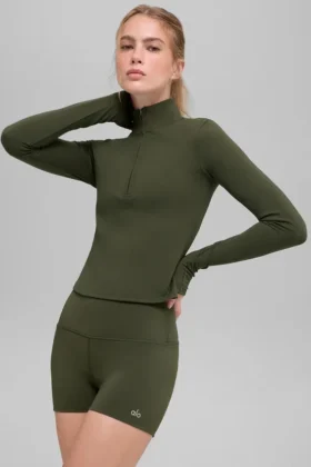Alo Softsculpt Precision Langarmshirt mit 1/4-Reißverschluss – Green Olive