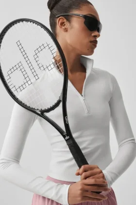 Alo Softsculpt Precision Langarmshirt mit 1/4-Reißverschluss – Weiß