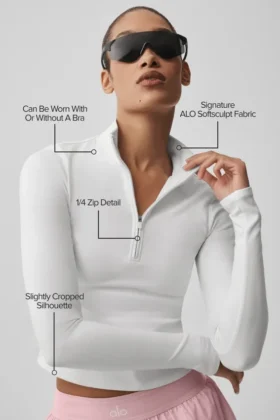 Alo Softsculpt Precision Langarmshirt mit 1/4-Reißverschluss – Weiß