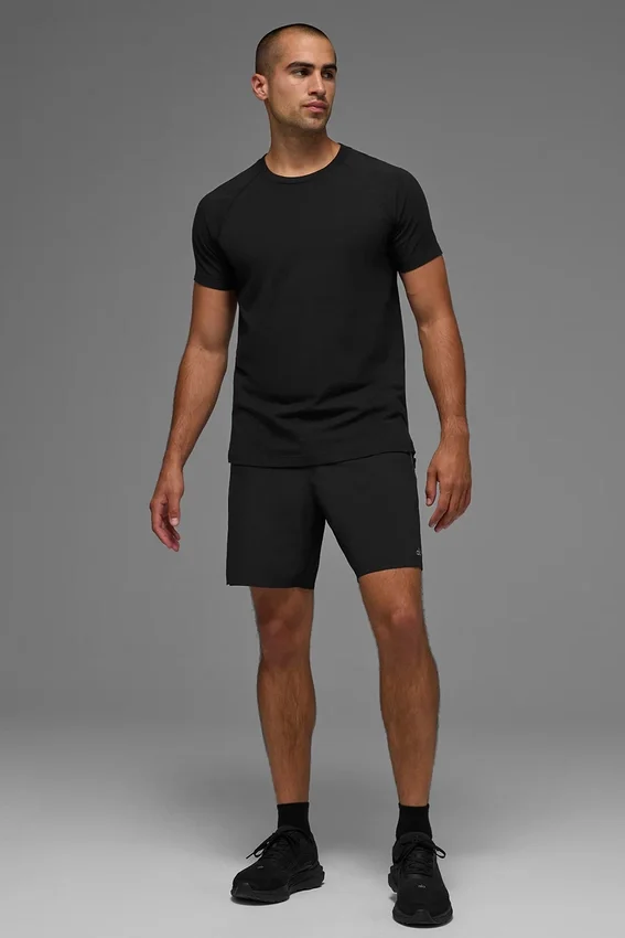 Alo Vapor Rundhals-Shirt mit Kurzarmshirts – Schwarz