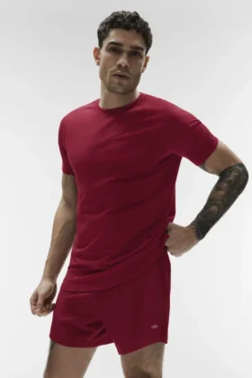 Alo Vapor Rundhals-T-Shirt mit Kurzarmshirts – Garnet