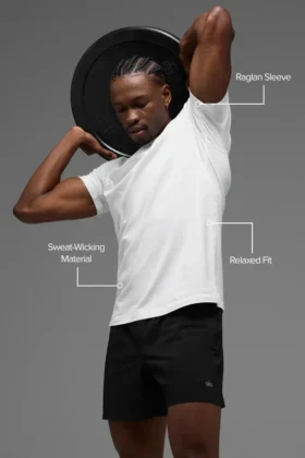 Alo Vapor Rundhals-T-Shirt mit Kurzarmshirts – Weiß