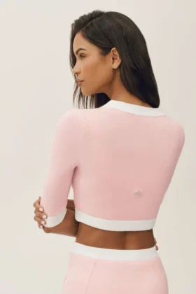 Baumwoll-Kaschmir-Cardigan „Cropped Capri Dream“ – Sonnengetränktes Rosa/Weiß