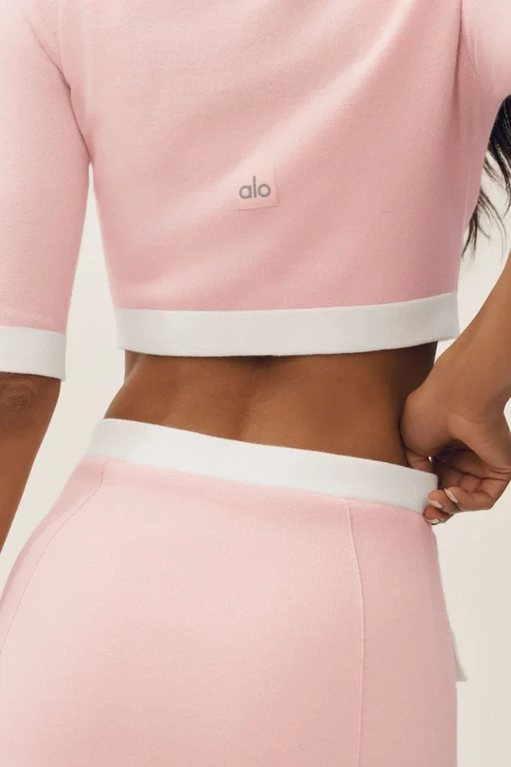 Baumwoll-Kaschmir-Cardigan „Cropped Capri Dream“ – Sonnengetränktes Rosa/Weiß