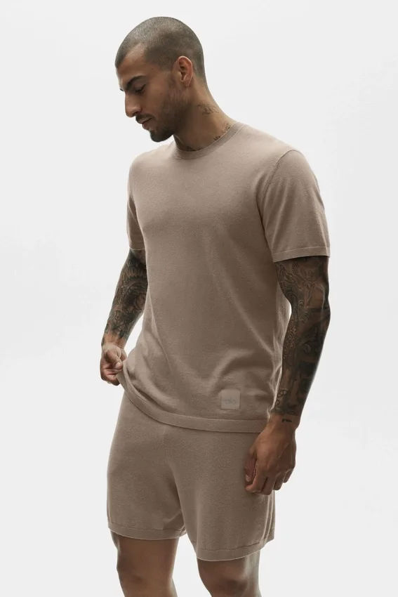 Baumwoll-Kaschmir-Shirt „Ever Soft“ mit Kurzarmshirts und Rundhalsausschnitt – Gravel