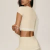Baumwolle-Kaschmir „My Serve“ Kurzarmshirt – Sandy Beige/Weiß
