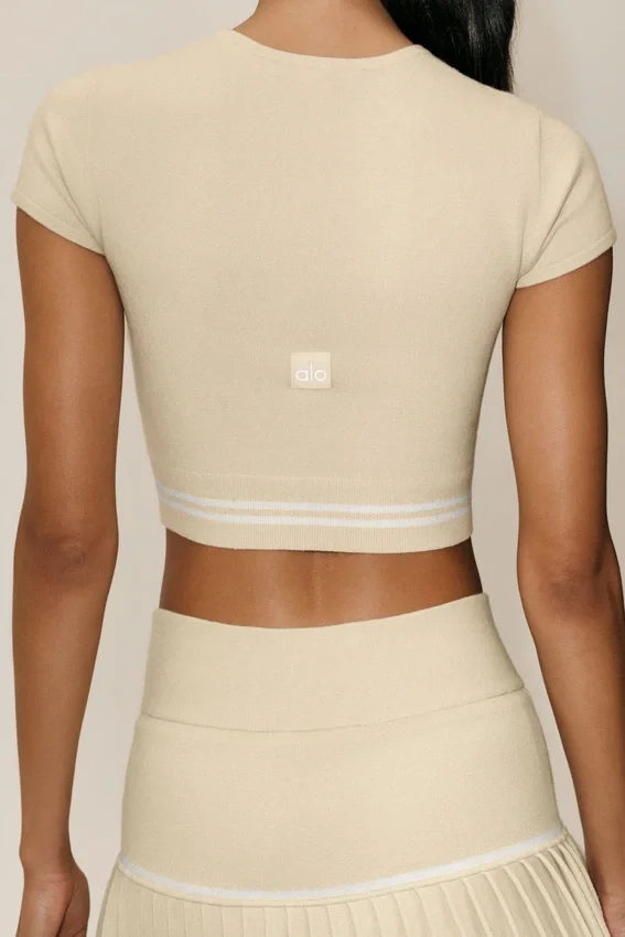 Baumwolle-Kaschmir „My Serve“ Kurzarmshirt – Sandy Beige/Weiß