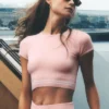 Baumwolle-Kaschmir „My Serve“ Kurzarmshirt – Sonnengetränktes Rosa/Weiß