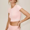 Baumwolle-Kaschmir „My Serve“ Kurzarmshirt – Sonnengetränktes Rosa/Weiß
