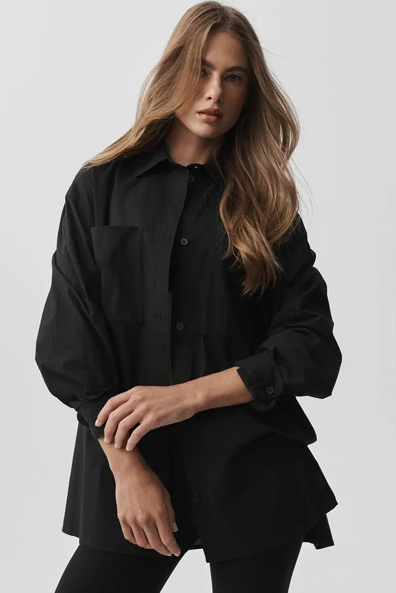 Cotton Real Deal Langarmshirt mit Knöpfen – Schwarz