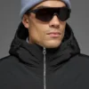 Crinkle-Nylon-Bühnensteppjacke mit Kapuze – Schwarz