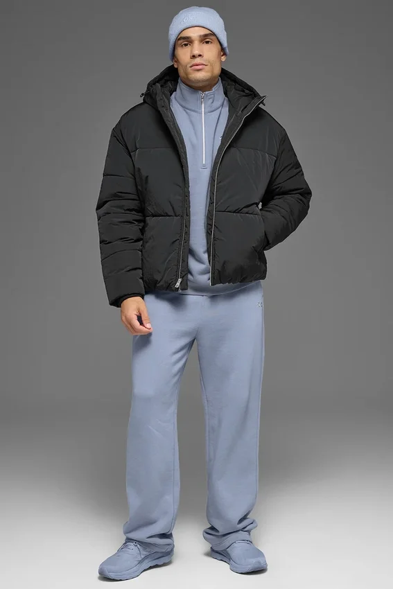 Crinkle-Nylon-Bühnensteppjacke mit Kapuze – Schwarz