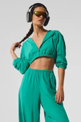 Cropped Breezy Full-Zip Hoodie – Spruce Green