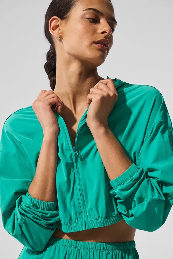 Cropped Breezy Full-Zip Hoodie – Spruce Green