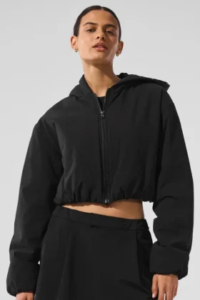 Cropped Mountain Peak Full-Zip Hoodie – Schwarz