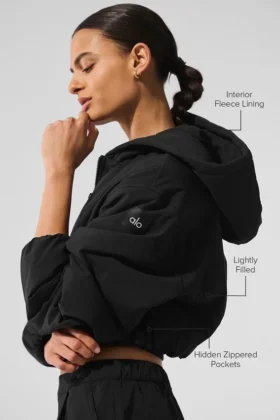 Cropped Mountain Peak Full-Zip Hoodie – Schwarz