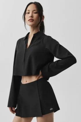 Cropped Unmatched Langarmshirt – Schwarz
