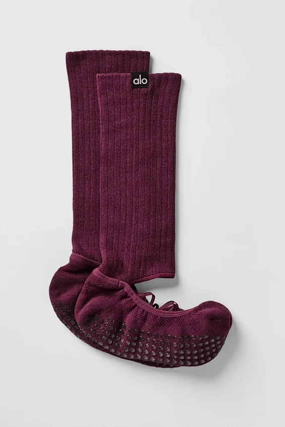Damen-Socken mit Riemchen und Siren-Grip – Burgunderrot