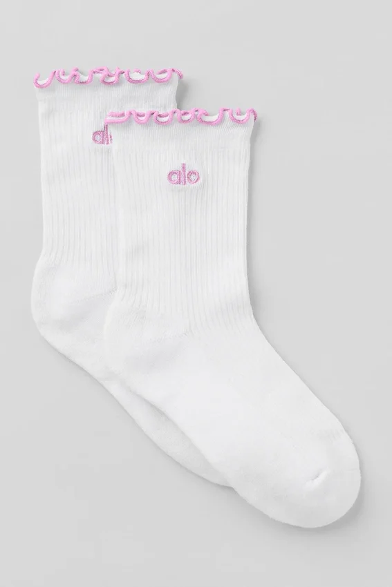 Damen-Socken mit Wellenrand – Weiß/Candy Heart Pink