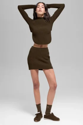 Denim-Strick-High-Waist-Rock – Espresso/Schwarz