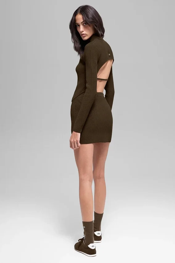 Denim-Strick-High-Waist-Rock – Espresso/Schwarz