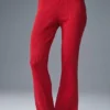 Denim-Strick-Hose mit High-Waist und ausgestelltem Bein – Kräftiges Rot/Dunkles Kräftiges Rot