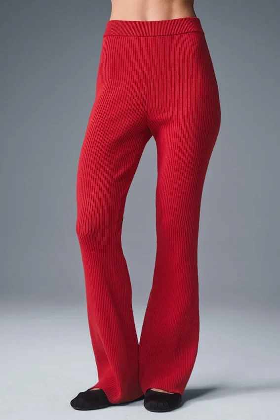 Denim-Strick-Hose mit High-Waist und ausgestelltem Bein – Kräftiges Rot/Dunkles Kräftiges Rot