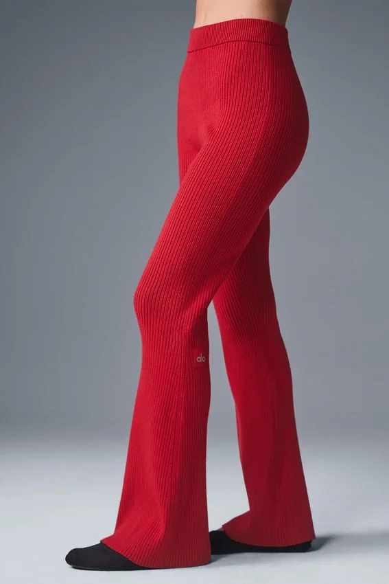 Denim-Strick-Hose mit High-Waist und ausgestelltem Bein – Kräftiges Rot/Dunkles Kräftiges Rot