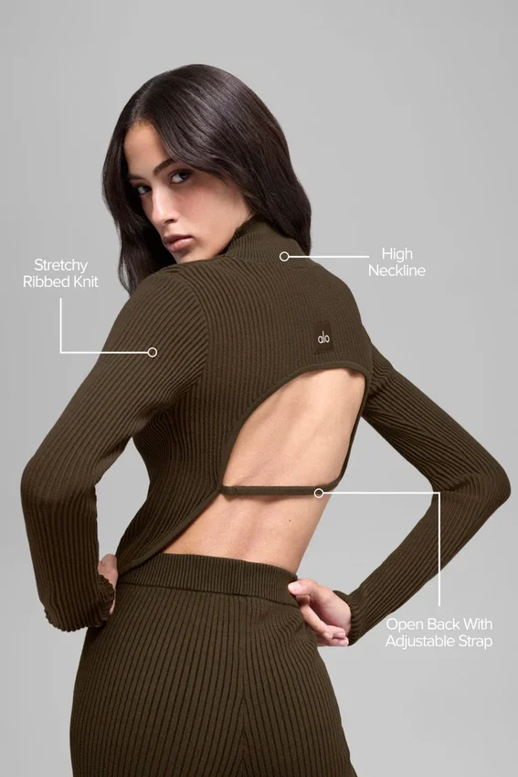 Denim-Strick-Shirt mit rückenfreiem Ausschnitt und Langarmshirts – Espresso/Schwarz