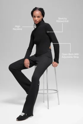 Denim-Strick-Shirt mit rückenfreiem Ausschnitt und Langarmshirts – Schwarz/Anthrazit