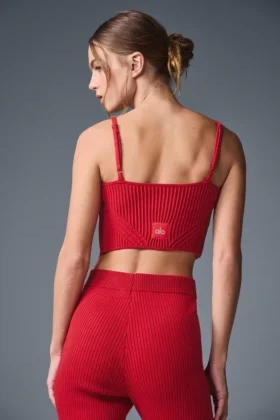 Denim-Strick-Top mit Strumpfhalter – Kräftiges Rot/Dunkles Kräftiges Rot