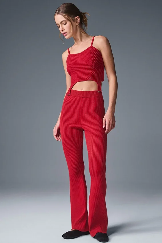 Denim-Strick-Top mit Strumpfhalter – Kräftiges Rot/Dunkles Kräftiges Rot
