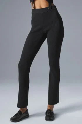 Denim-Strickhose mit High-Waist und ausgestelltem Bein – Schwarz/Anthrazit