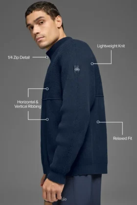 Domain Shift Rib Knit 1/4-Reißverschluss-Pullover – Marineblau