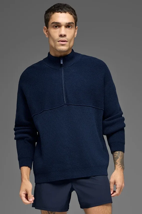 Domain Shift Rib Knit 1/4-Reißverschluss-Pullover – Marineblau