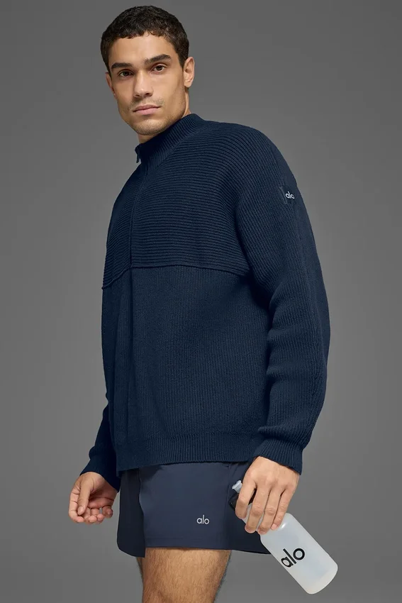 Domain Shift Rib Knit 1/4-Reißverschluss-Pullover – Marineblau