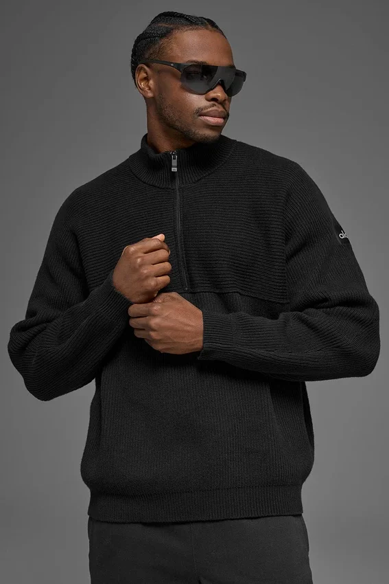 Domain Shift Rib Knit 1/4-Reißverschluss-Pullover – Schwarz