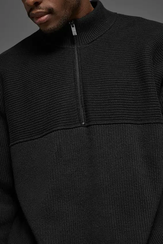 Domain Shift Rib Knit 1/4-Reißverschluss-Pullover – Schwarz