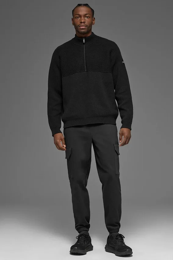 Domain Shift Rib Knit 1/4-Reißverschluss-Pullover – Schwarz